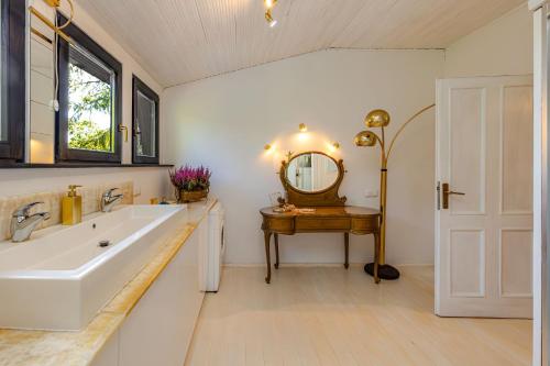 a bathroom with a sink and a mirror at Villa Art Vita - Private Pool, Sauna & River Access in Donji Zvečaj