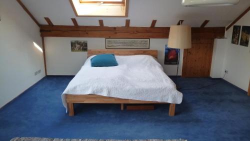 a bedroom with a bed with a blue carpet at Ferienhaus Unteres Hart in Gomadingen