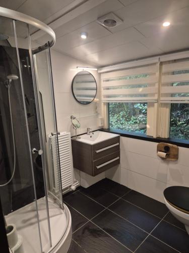 a bathroom with a shower toilet and a sink at Bois d' Paix in Durbuy