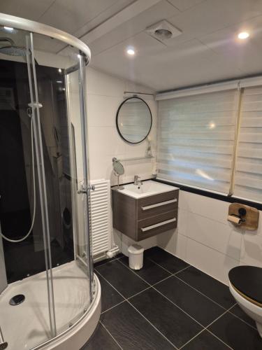 a bathroom with a shower and a sink at Bois d' Paix in Durbuy