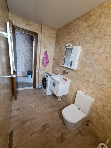 Saguramoにあるalexis saguramoのトイレ、洗面台、電子レンジ付きのバスルーム