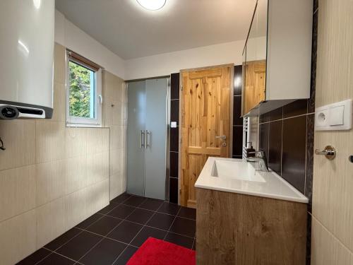 a bathroom with a sink and a shower at Nature Escape Cottage in Protivín