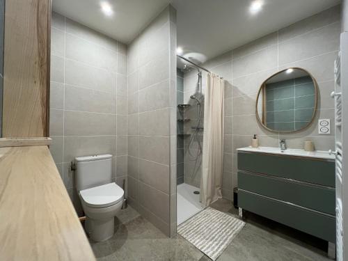a bathroom with a toilet and a sink and a mirror at Les Serres d'Antan in Le Glaizil