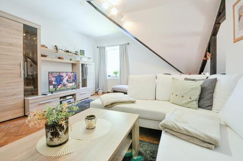 a living room with a white couch and a tv at Ferienwohnung KonradAlbrecht in Torgelow am See