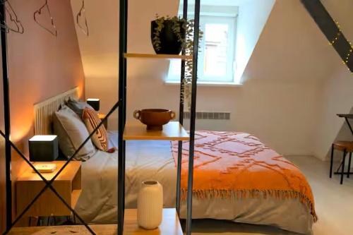 a bedroom with a bed and a book shelf at Le cocon du Florival- Guebwiller in Guebwiller