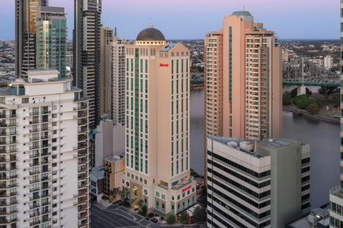 an aerial view of a city with tall buildings at Brisbane Marriott Hotel in Brisbane