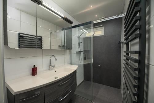 a bathroom with a sink and a shower at Luxe 12-persoons Groepsvilla – Gelijkvloers met Tuin & Loungeset in Apeldoorn