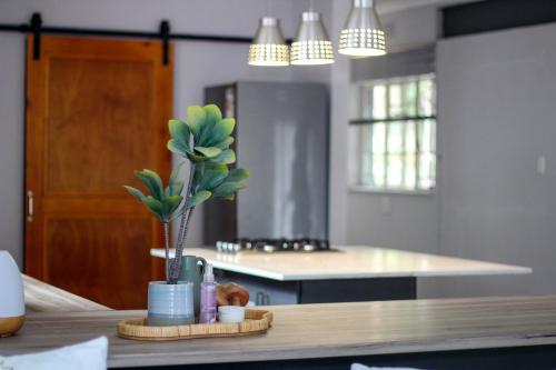 a kitchen with a table with a vase of flowers on it at Newcastle Country Retreat in Newcastle