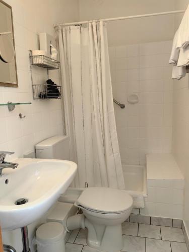 a white bathroom with a toilet and a sink at Hotel Landhaus Apartments in Bad Eilsen