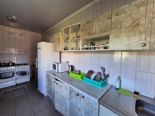 a kitchen with a sink and a white refrigerator at Садиба Святослав in Skhidnitsa