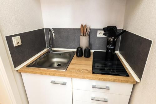 een kleine keuken met een spoelbak en een aanrecht bij Ferienwohnungen Meerzeit in Burhave