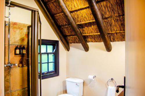 baño con aseo y techo de paja en Ikhaya Safari Lodge, en Ciudad del Cabo