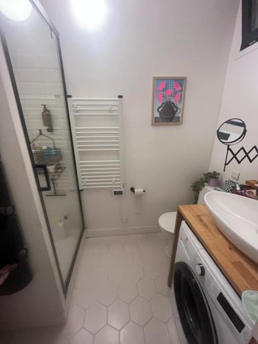 a bathroom with a shower and a sink and a washing machine at Appartement avec cour in Bordeaux