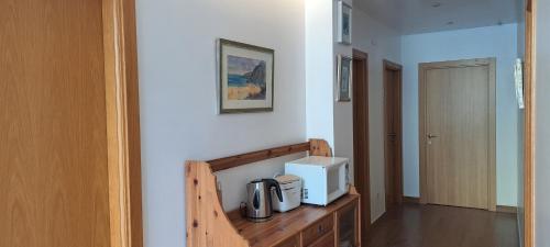 une cuisine avec un four micro-ondes sur un comptoir en bois dans l'établissement Pensión Atxiki, à Saint-Sébastien