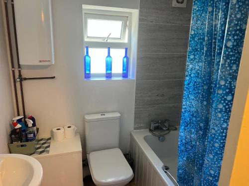 a bathroom with a toilet and a sink and a window at Cottage in village of Mevagissey Cornwall Sleeps 4 in Mevagissey