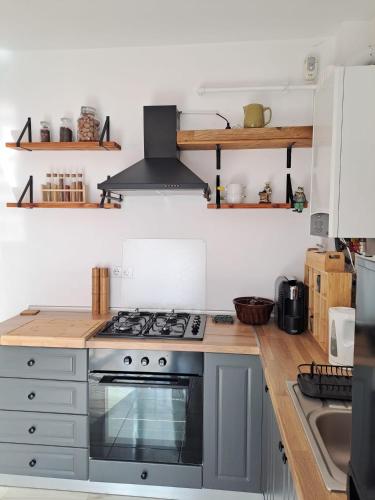 eine Küche mit Herd und Spüle in der Unterkunft Nordic View Residence in Şelimbăr