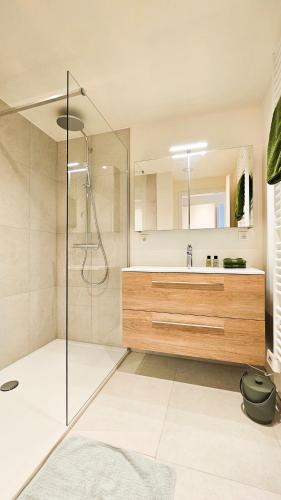 a bathroom with a shower and a sink at Appartement Porte Bonheur in Rochefort