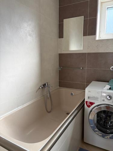 a bath tub with a washing machine in a bathroom at Villa appartment in Vinohrady