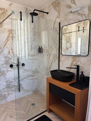 a bathroom with a sink and a glass shower at RASHI6 Boutique Villa in Netanya