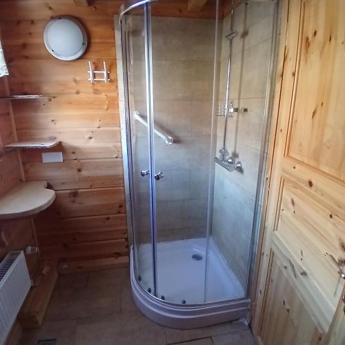 a shower with a glass door in a bathroom at Family Home in Fáskrúðsfjörður