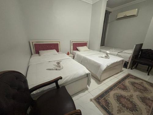 Un dormitorio con dos camas con gatos acostados en ellas. en Falcon pyramids inn, en El Cairo