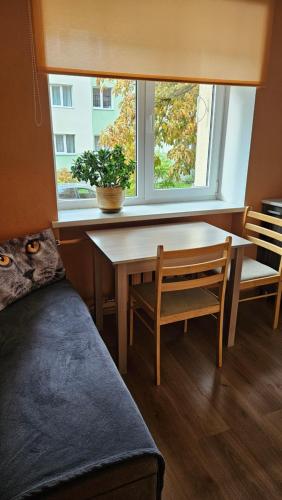 a bedroom with a table and a bench and a window at MINiLUx in Ventspils