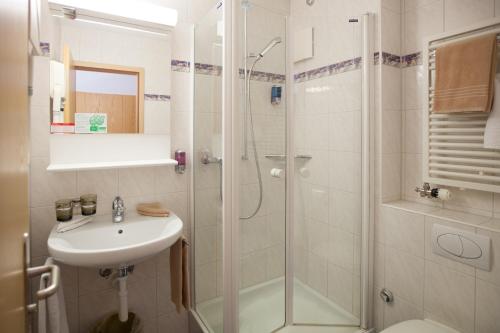a bathroom with a shower, sink, and toilet at Hotel Edelweiss in Wengen