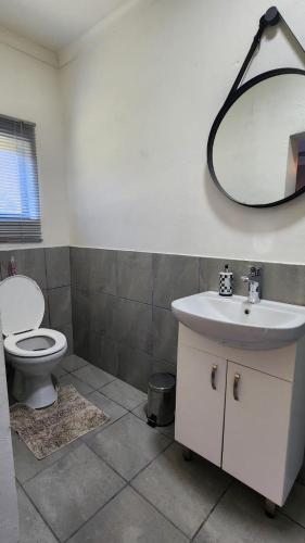 a bathroom with a toilet and a sink and a mirror at Berlouri Guest House Family Suite in Hekpoort