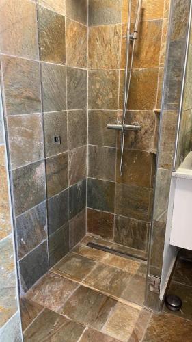 a shower with a glass door in a bathroom at Ferielejlighed IRIS in Sønderborg