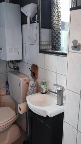 a bathroom with a sink and a toilet and a mirror at Ferienwohnung 2-Zimmer im Herzen von Osnabrück in Osnabrück