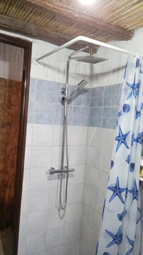 a shower in a bathroom with blue stars on the wall at Casa Pili in San Vito