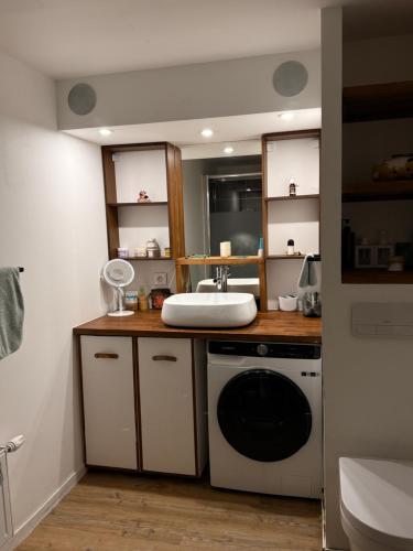 a bathroom with a sink and a washing machine at Chambre privée chez l habitant Jardin et Transats in Noisy-le-Sec