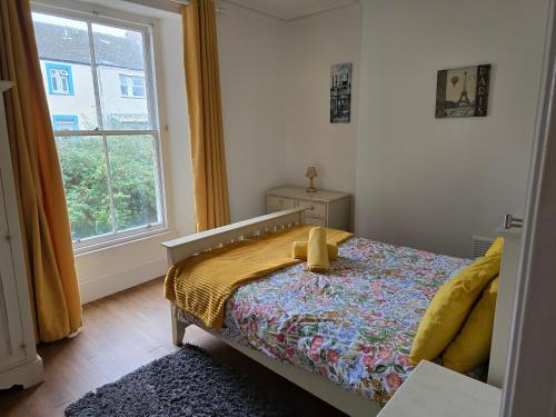 a bedroom with a bed and a window at Beautiful Seafront 1 bedroomed apartment in Aberystwyth
