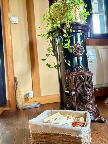 a blue vase with a plant in it next to a basket at Le chalet bucolique au bord de l'eau in Olivet