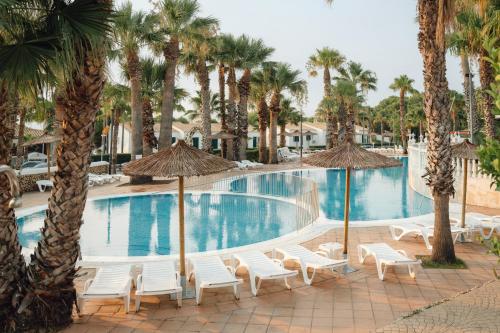 een zwembad met stoelen, parasols en palmbomen bij Hotel Moon Dreams Marina Parc in Na Macaret