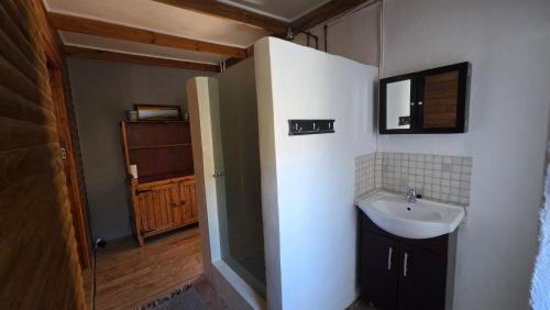 a small bathroom with a sink and a mirror at Crescent Cottage Fish Hoek in Cape Town