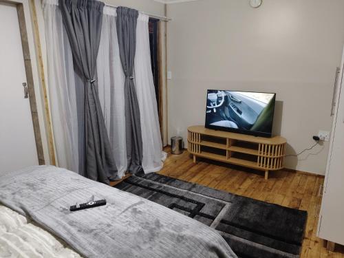 a bedroom with a bed and a flat screen tv at The Man Cave Extension in Sabie