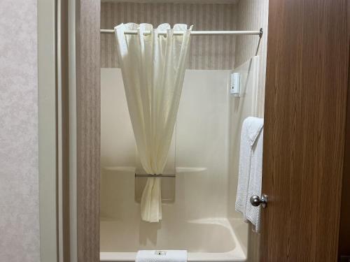 a shower with a curtain in a bathroom at Quality Inn Arena in Wilkes-Barre