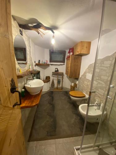a bathroom with two sinks and a shower at La Baita del vecchio GAD in Oulx