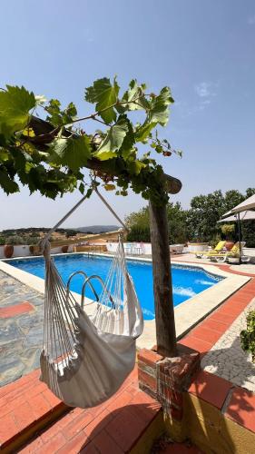 a white hammock next to a swimming pool at Monte da Freira in Bencatel