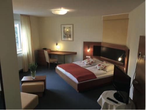 a hotel room with a bed and a desk at Hotel Kurpfalz in Speyer