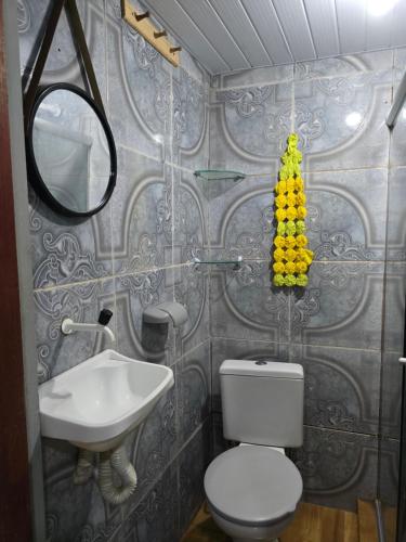 Un baño con inodoro, lavabo y espejo. en Aloha Noronha, en Fernando de Noronha