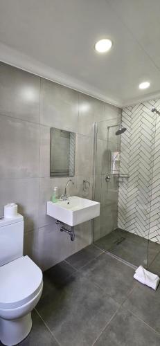a bathroom with a toilet and a sink and a shower at Bo Kamer Guesthouse in Ermelo