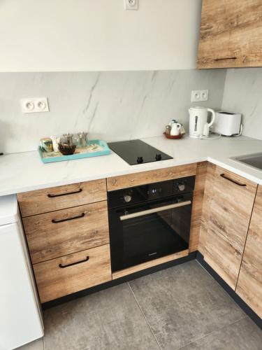 a kitchen with wooden cabinets and a black oven at Tiny House T1 in Entraigues-sur-la-Sorgue