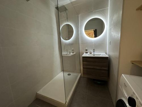 Cocon des Chandeliers في بوردو: حمام أبيض مع دش ومغسلة