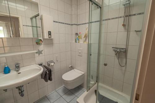 a bathroom with a shower and a toilet and a sink at Ferienhaus Nordseebude in Boostedt