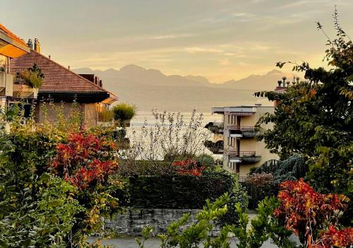 LAUSANNE PULLY SKI lakeside street and direct bus to Lausanne train station في Pully: اطلالة على مدينة بها مباني وورود