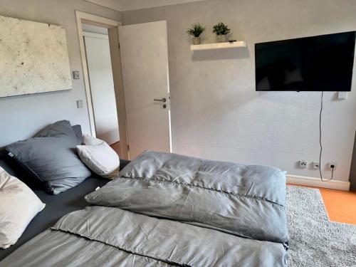 Una sala de estar con un sofá y un televisor de pantalla plana. en Ruhe&Living, en Friedrichshafen