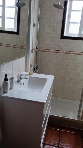 a bathroom with a white sink and a shower at La Viñita in El Paso