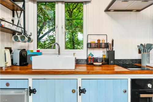 eine Küchentheke mit Spüle und Fenster in der Unterkunft Stag Shepherds Hut in Hartfield